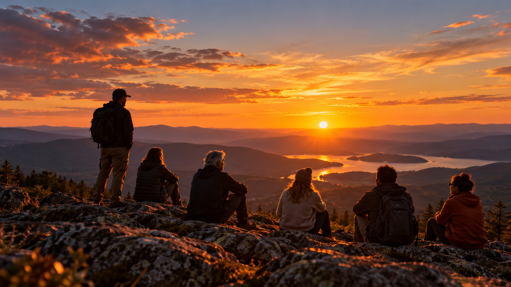 A group sharing a mountain sunset together
